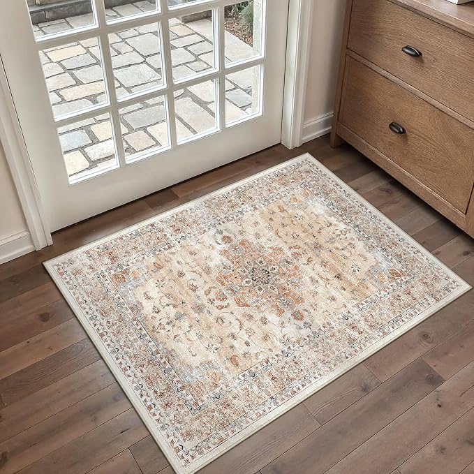 HUGEAR Entryway Area Rugs 2x3 Machine Washable Vintage Orange Small Throw Carpet Non Slip Stain Resistant Low Pile for Hallway Kitchen Retro Aesthetic Modern Decor