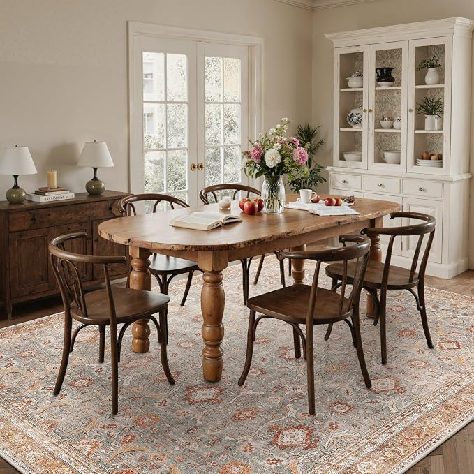 BESBLEE 5X7 Area Rugs Machine Washable Rugs for Living Room, Vintage Boho Large Rugs for Bedroom Dining Room, Non Slip Indoor Soft Distressed Lightweight Thin Low Pile Carpet, Orange