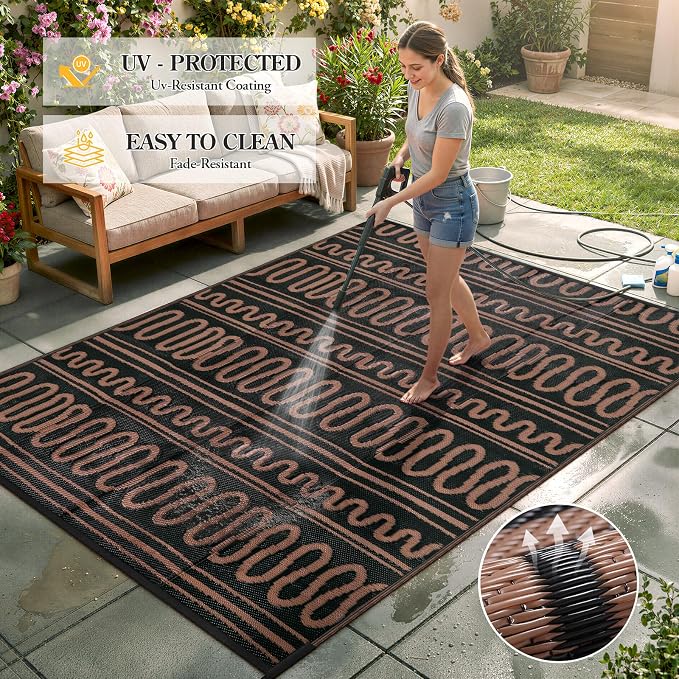 Beeiva Outdoor Rug 8x10 Waterproof for Patio, Reversible Plastic Straw Rug for Deck, Backyard, RV Camping, Black Brown