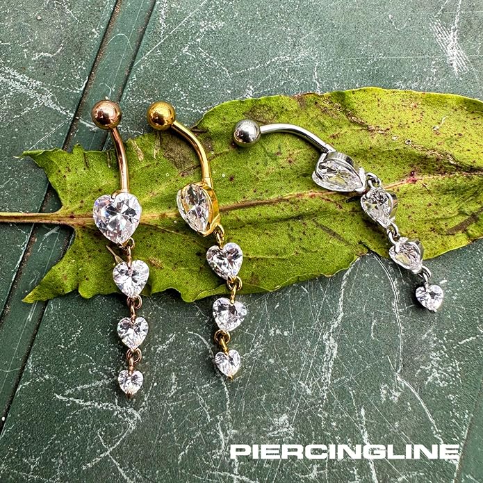 PIERCINGLINE surgical steel dangle belly button piercing with 4 hanging crystal hearts - belly button ring surgical steel, gold, silver, rosegold piercing - new version with improved durability