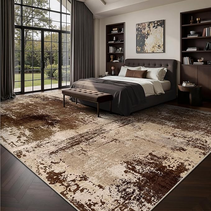 10x14 Area Rugs - Modern Abstract Washable Rug, Ultra Soft Non Slip Low Pile Large Brown Rugs for Living Room, Floor Carpet for Bedroom Dining Room Office Laundry Nursery Home