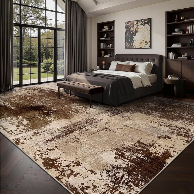10x12 Area Rugs - Modern Abstract Washable Rug, Ultra Soft Non Slip Low Pile Large Brown Rugs for Living Room, Floor Carpet for Bedroom Dining Room Office Laundry Nursery Home