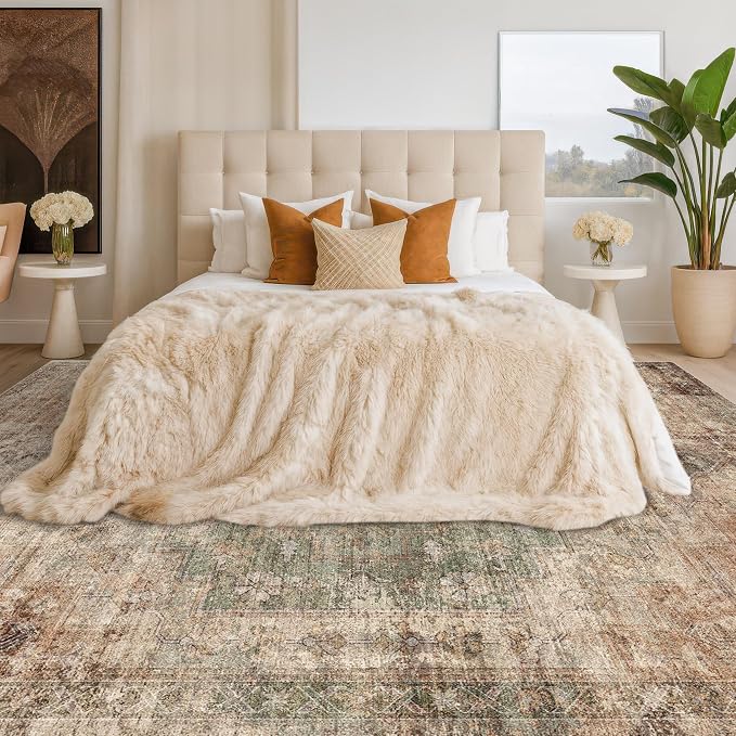 Hazo Haus Farmhouse Floor Rugs for Living Room - Brown and Green Dining Room Area Rugs 8x10 for Bedroom, Washable, Soft, Lightweight & Stain Resistance, Neutral Dark Vintage Medallion Decor