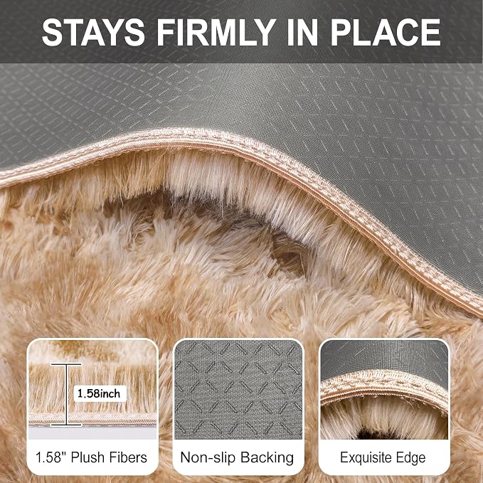 2x6 Soft Fluffy Beige Runner Rug for Bedroom Hallway, Plush Shag Rug Tan Carpet Non Slip Washable for Nursery Dorm Living Room, Fuzzy Bedside Long Rug Runner for Kids Girls Room Decor
