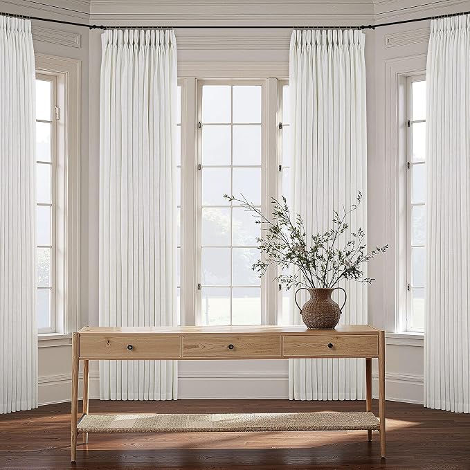 126 Inch Pinch Pleated Linen Curtains for High Ceiling Floor Living Dining Room 2 Panels Set Natural Ivory Cream Beige Privacy Light Filtering Pinch Pleat Curtains 126 Inches Long for 2 Story Window