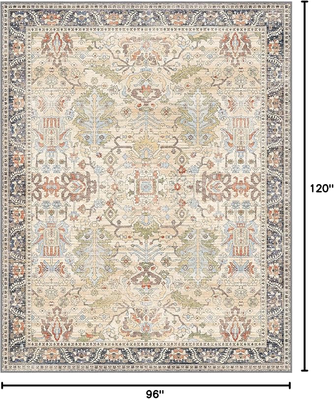 Bavni Washable Area Rugs 8'x10' Clearance for Living Room Boho Tumble Vintage Large Carpet Farmhouse Non Slip Thin Distressed Rug for Bedroom Dinning Room, Ivory Beige Blue Multi