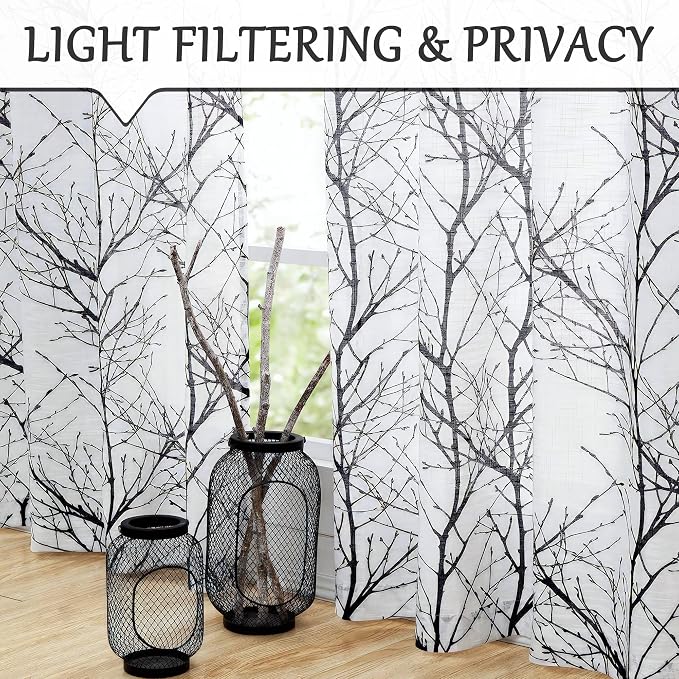 FMFUNCTEX Linen Black White Semi Sheer Patio Curtains 96 Inch Long 1 Panel | Extra Wide Sheer Patterned Patio Door Drapes, Tree Branch Print, Grommet Top for Sliding Doors and Airy Farmhouse Privacy