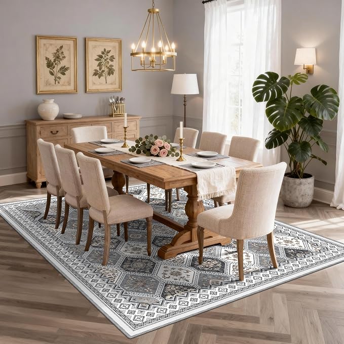 Washable Rugs 8x10, Soft Non-Slip Boho Moroccan Rug, Gray/Gold | Low-Pile Printed Area Rug Gray Rug for Living Room, Bedroom, Dining Room