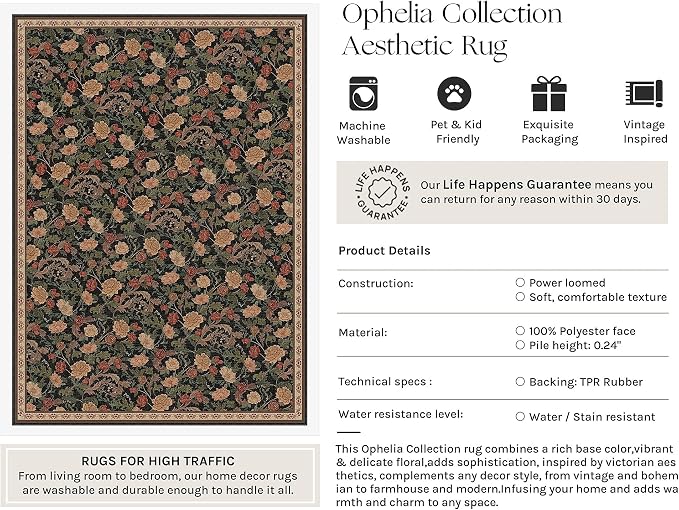 HUGEAR Retro Area Rugs 8x10 Washable Living Room Bedroom Rugs Vintage Floral Throw Carpet Black Brown Stain Resistant Non Slip Low Pile for Home Aesthetic Modern Decor