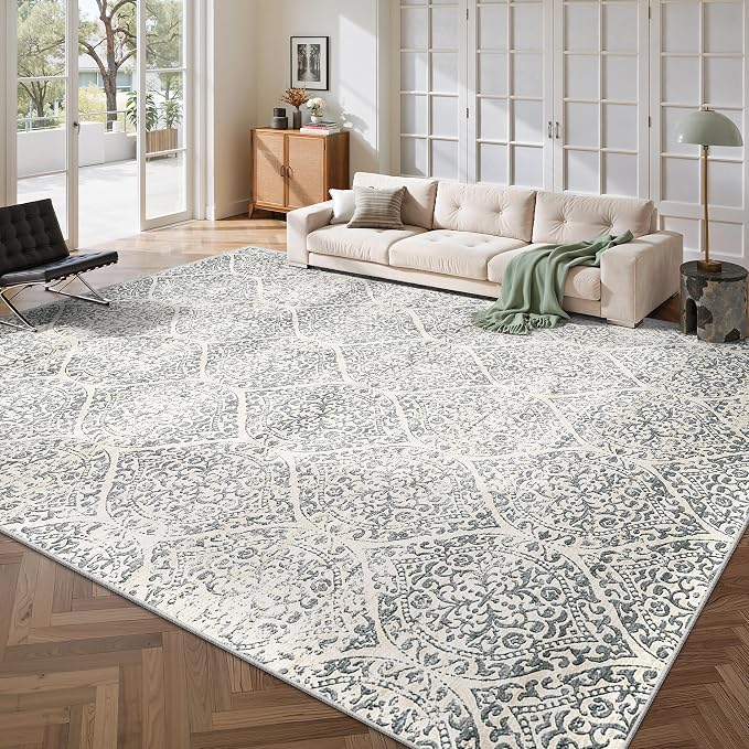 Soalmost 8x10 Area Rugs for Living Room, Washable Moroccan Trellis Soft Rug | Stain Resistant Non-Slip Low Pile Natural Large Carpet for Dining Room Bedroom Home Office Nursery Grey, 8'x10'
