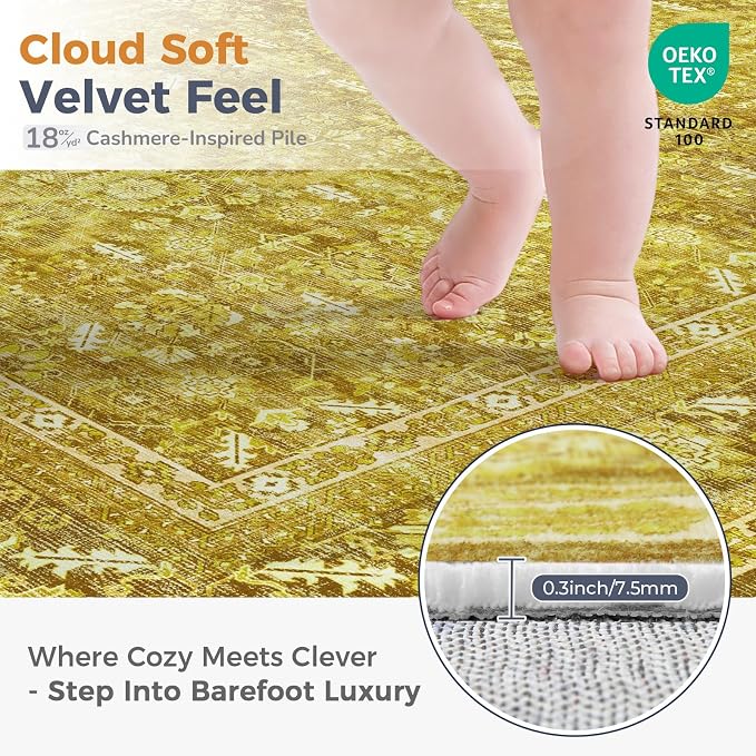 OPPODREAM Vintage Yellow Area Rugs 4x6, 4 x 6 Retro Washable Rug Non Slip, Low-Pile Faux Wool Carpet, Distressed Floor Mat for Living Room, Bedroom, Kitchen, Office, Dorm, Dinning Room
