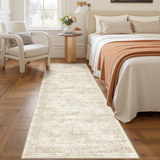 2'6 x 8' Runner Rug Non Slip,Washable Kitchen Rugs,Beige | Neutral Rugs for Kitchen,Entryway,Bedroom,Bathroom,Nursery Room,Thin,Soft Runner Rug,Stain Resistant Indoor Carpet