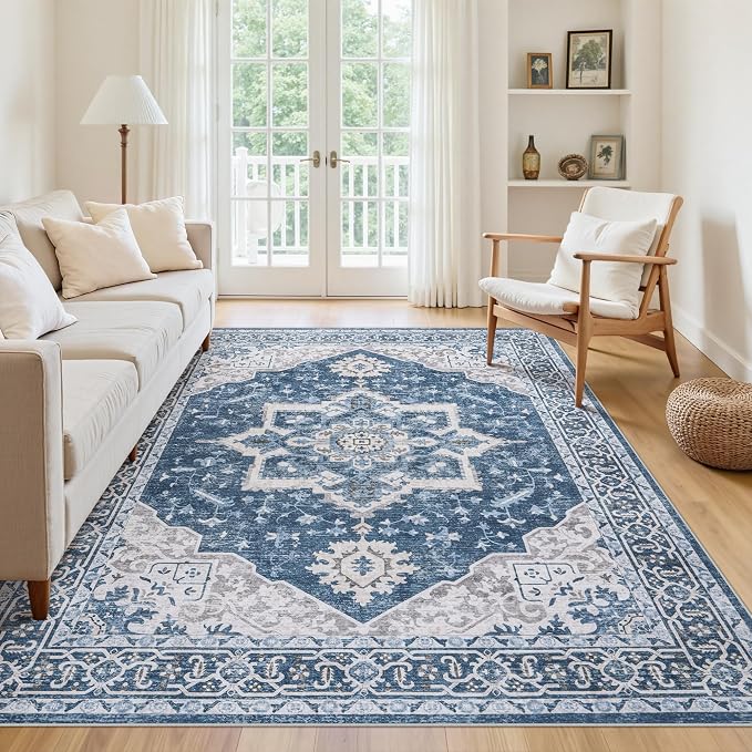 6x9 Area Rugs for Living Room:Blue Washable Vintage Medallion Boho Rug Non-Slip No Slip Stain Resistant Soft Low Pile Large Rugs Indoor Retro Carpet for Bedroom Nursery Dining Office (Blue 6'x9')