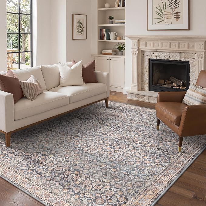 BESBLEE 10X14 Area Rugs Machine Washable Rugs for Living Room, Vintage Boho Large Rugs for Bedroom Dining Room, Non Slip Indoor Soft Distressed Lightweight Thin Low Pile Carpet, Blue Grey
