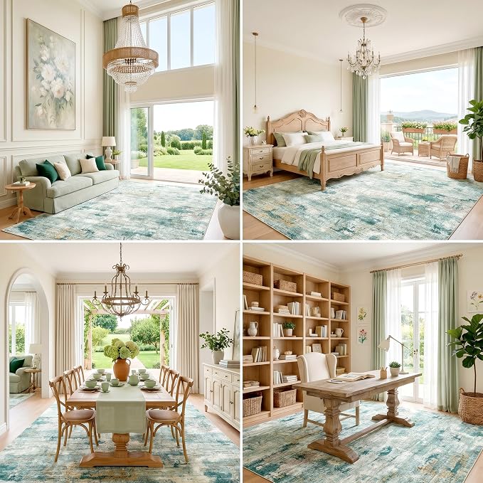 Washable Pet Friendly Extra Large Area Rug, Stain Resistant Abstract Carpet, 0.3" Low Pile, Non-Slip Pure Cotton Backing, Living Room Bedroom Dining Room, 9'x12', Sage Green