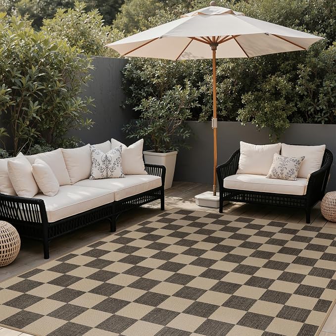 GENIMO Indoor Outdoor Area Rug 8'x10', Checkered Easy Jute Rug Machine Washable, Easy-Cleaning, Non Slip Plaid Outdoor Carpet for Patio, Living Room, Backyard, Porch, Deck, Balcony