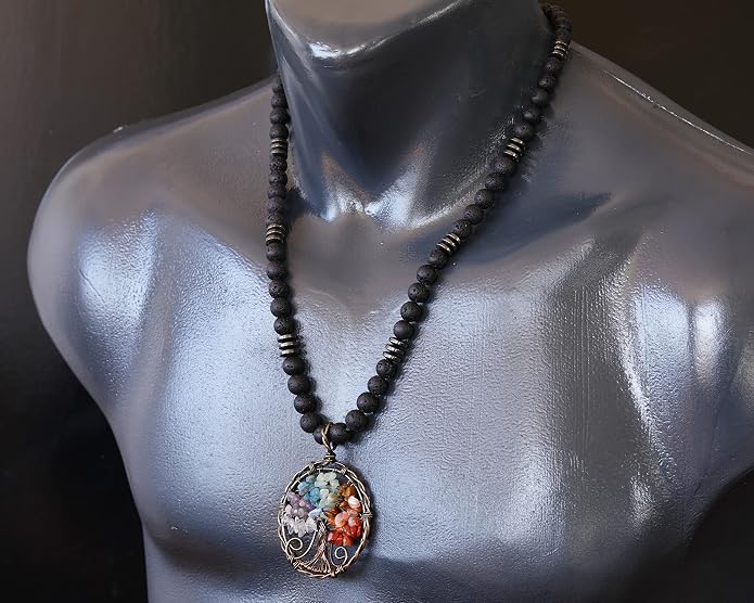 ElisaJewelryArt - Natural Labradorite Big Tree Of Life Black Lava Stone Beaded Necklace Genuine Gemstone Energy Stone Clasp Closure Necklace Unisex Necklace