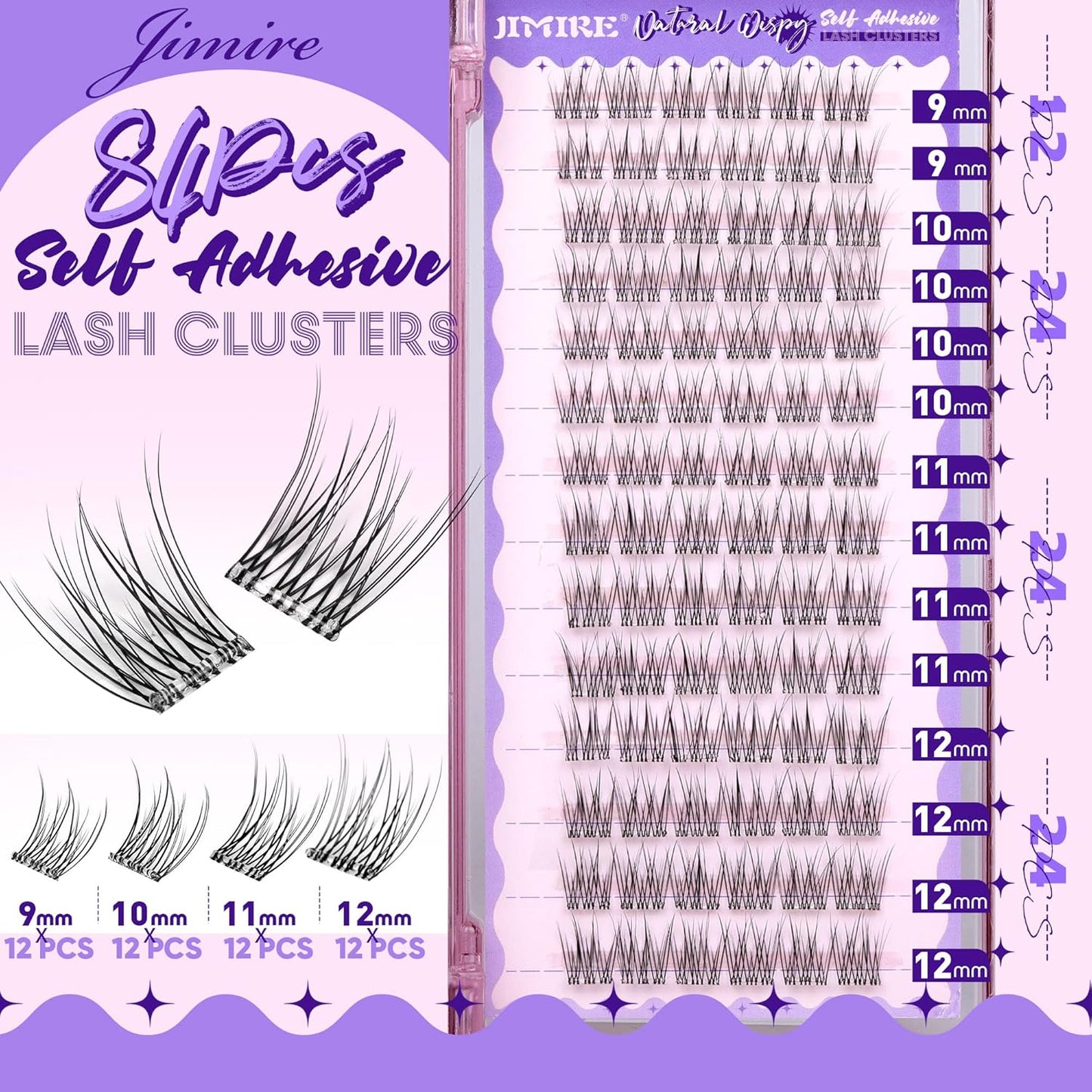 JIMIRE Self Adhesive Eyelashes Wispy Lash Clusters Natural Look 9-12MM Press on Lashes Self Adhesive Lash Clusters No Glue Needed Natural Pre Glued Lashes Clusters Reusable Invisible Band