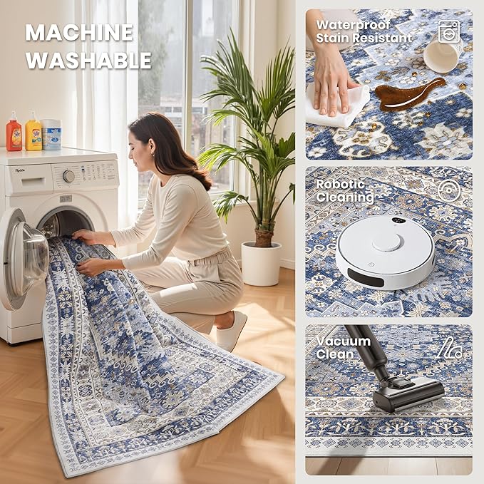 zesthome 3x16 Washable Runner Rug for Hallway, Non-Slip Long Hallway Runner for Entryway, Soft Vintage Kitchen Mats for Floor, Abstract Dining Room, Bedroom, Living Room Rugs(Blue/Beige,3'x16')