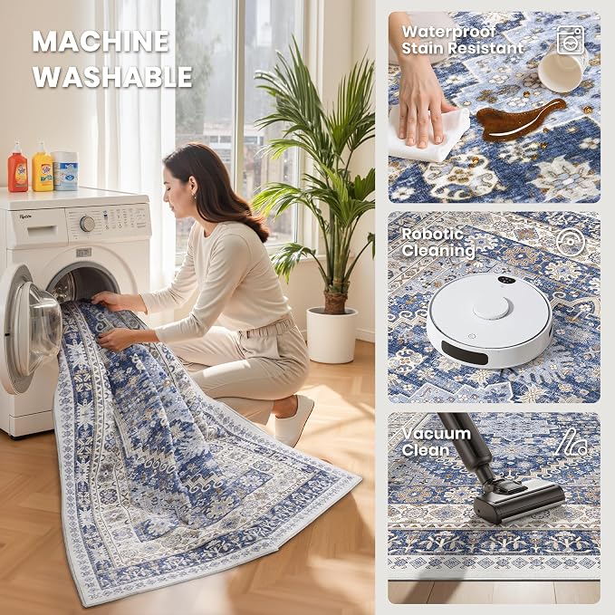 zesthome 3x6 Runner Rug Non Slip, Thin Entryway Washable Rug for Entryway, Runners for Hallways, Low Pile Vintage Abstract Soft Rugs for Living Room, Kitchen, Bedroom(Blue/Beige,3'x6')