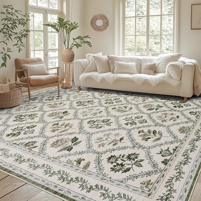 9x12 Olive Green Area Rugs Washable Rug for Living Room Big Bedroom Faux Wool Soft No Slip Floral Emerald Hunter Green and Beige Boho Vintage Extra Large Carpet for Dining Room Under Table 9x12