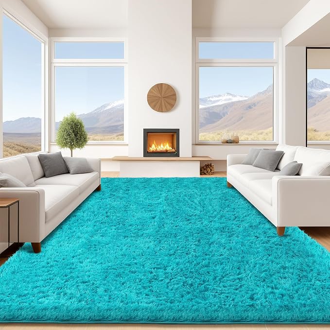 9x12 Teal Fluffy Shag Area Rugs for Living Room Bedroom Nursery | Ultra Soft Comfy, Large Fuzzy Shaggy Plush Carpet for Kids Boys Girls Teen Dorm, Modern Indoor Home Decor, Upgrade Non-Slip