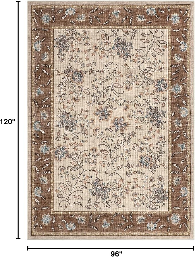 GarveeHome Area Rugs 8x10 for Living Room, Brown Large Washable Rug Botanical Soft Non Slip Floor Mat Carpet Indoor Thin Cottage core Rug for Bedroom Dining Room Playroom Nursery Home Decor