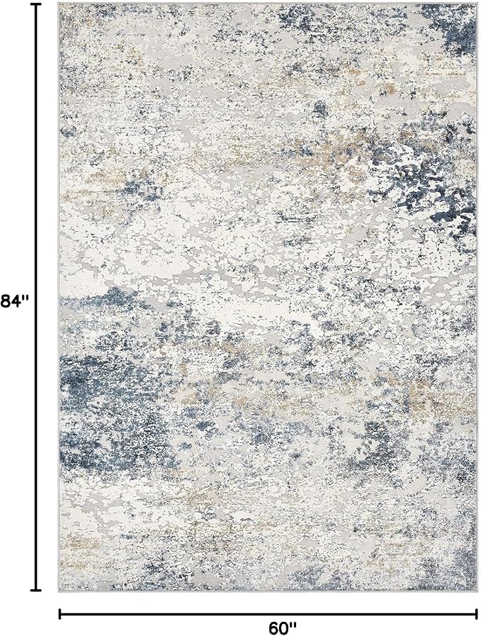 Area Rug Living Room Rugs - 5x7 Abstract Large Soft Indoor Washable Rug Neutral Modern Low Pile Carpet for Bedroom Dining Room Farmhouse Home Office - Beige Blue
