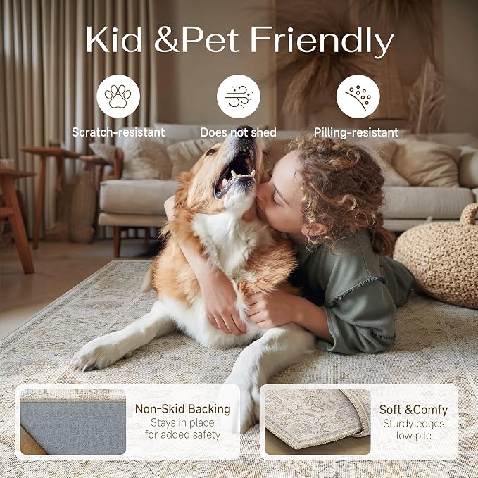 HUGEAR 2x8 Machine Washable Hallway Runner Rugs Vintage Grey - Neutral Non Slip Stain Resistant Low Pile Aesthetic Throw Carpet Kids & Pet Friendly for Bedroom Kitchen Entryway