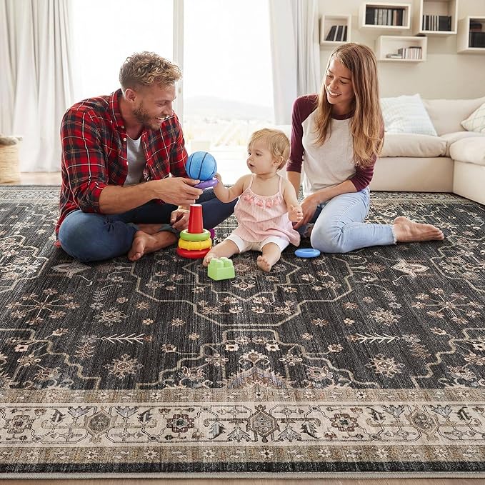 Area Rug for Living Room - 7x9 Soft Washable Oriental Vintage Floral Distressed Large Carpet - Fade Stain Resistant Non Slip Rugs for Bedroom Dining Room Nursery Dorm Office Home Decor - Black