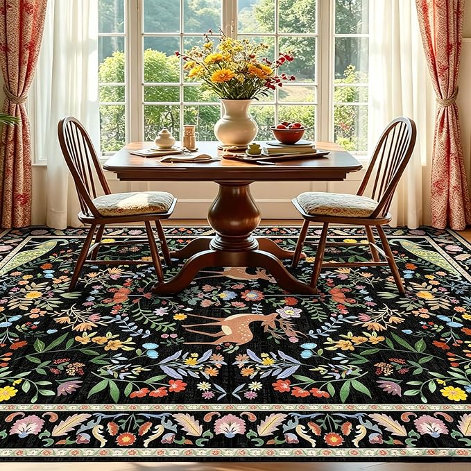 5x7 Black Washable Rug for Living Room - Foyer Rugs for Entryway, Bedroom, Home Office, Floral Indoor Décor