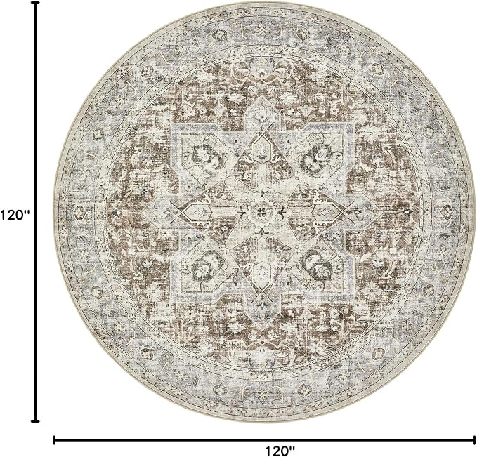 Tortania 10' Round Area Rug Living Room Rugs - Washable Boho Rug Vintage Oriental Distressed Farmhouse Large Thin Indoor Carpet for Bedroom Under Dining Table Home Office - Brown Blue