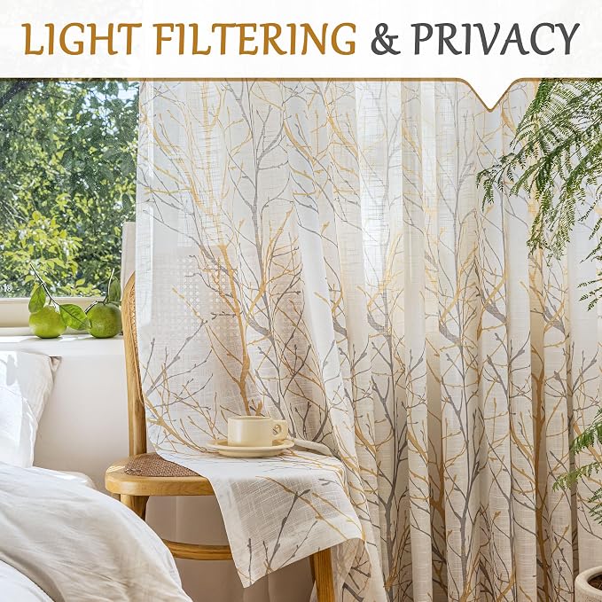 FMFUNCTEX Linen Yellow White Semi Sheer Print Curtains 72 Inch 2 Panels | Tree Branch Sheer Patterned Drapes, Light Filtering Grommet Panels for Bedroom, Living Room, Basement, and Farmhouse Curtain