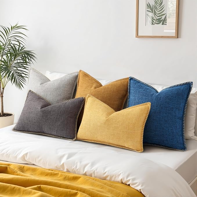 decorUhome Dark Blue Faux Linen Outdoor Throw Pillow Covers 18x18 Set of 2 | Fall Decorative Textured Neutral Modern Farmhouse Pillow Covers with Stitched Edge for Couch Sofa Bed Living Room