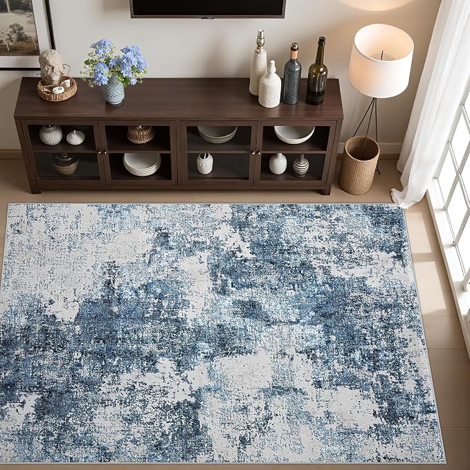 Washable Rug 6x9 Area Rugs: Soft Large Living Room Rug with Anti-Slip Backing Non-Shedding Stain-Resistant Modern Abstract Carpet for Bedroom Dining Room Nursery Home Office-Blue