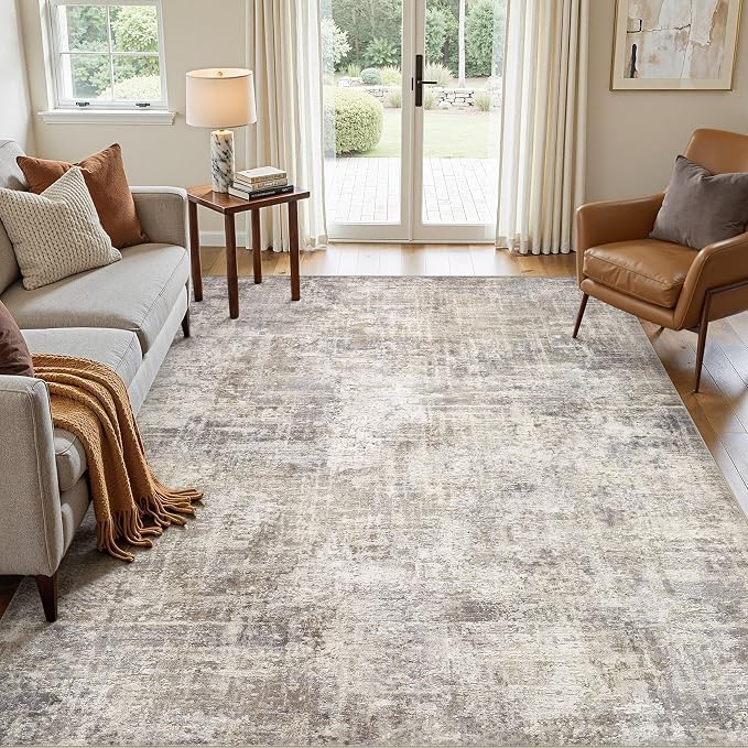 cotiled Washable 6x9 Area Rug for Living Room - Modern Abstract Carpet with Non-Slip Backing, Low Pile & Soft, Stain Resistant, Kid & Pet Friendly Decor for Bedroom & Dining Room - Brown Grey