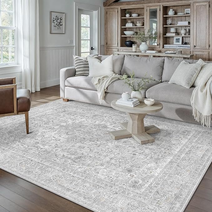 PureCozy 5x7 Area Rug Washable Gray Vintage Traditional Oriental | Non Slip, Soft Low Pile, Indoor Carpet for Bedroom, Living Room, Dining Room, Distressed Retro Decor