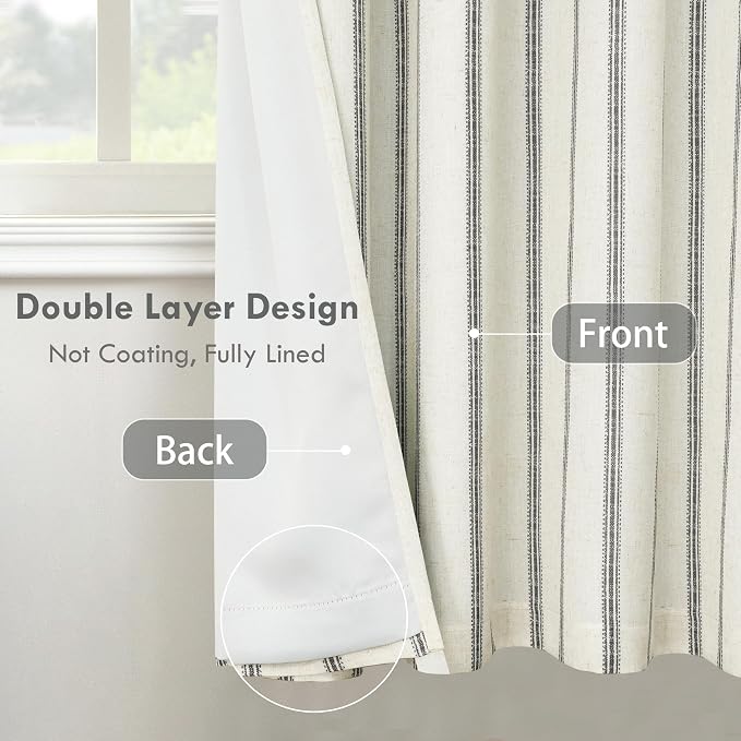DriftAway Farmhouse Linen Stripe Blackout Curtains, W52xL63, Black | Blackout, Linen Texture, Stripe Pattern, Rod Pocket & Back Tab, Two Layers, Bedroom Living Room Use, Sound Reducing Design