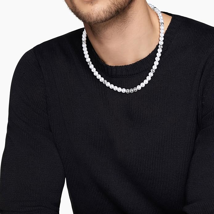 GAVU Men's Pearl Necklace, Pearl Jewelry Crystal Beaded Necklace for Men 20"/22"/24"/26"