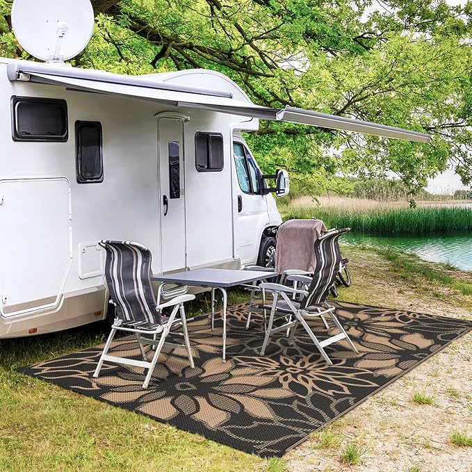 GENIMO Outdoor Rug, Waterproof Plastic Rugs for Patio, 6'x9' Walnut Black | Outside Larger Leaf Carpet Mat for Porch Decor, Deck, Balcony, Camping, RV, Backyard, Picnic, Beach, Reversible, Foldable