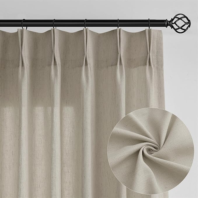 Extra Long 102 Inch Curtains 100 Inches Wide Linen Pinch Pleat Drape | for Living Dining Room, Memory Trained, Light Filtering, Farmhouse Curtain, with Hooks Rings, 100x102, Burlywood Birch