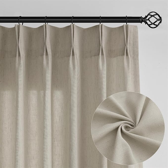 Extra Wide 100 Inch Wide Linen Curtains 84 inches Long Pinch Pleat | Floor to Ceiling, Light Filtering, Pleated Curtain, Taupe Burlywood Birch, for Living Dining Room, Farmhouse, 100x84 Drapes