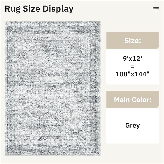 Soalmost 9x12 Area Rugs for Living Room, Non Slip Machine Washable Vintage Rugs, Low Pile Lightweight Large Rug for Bedroom, Dining Room, Home Office Grey