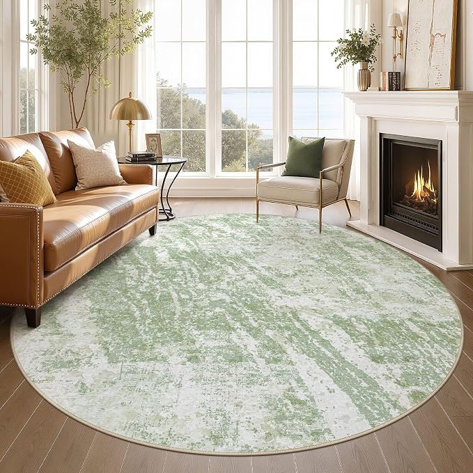 DMOYEST 8ft Round Washable Area Rug for Living Room: Modern Abstract Neutral Circle Carpet, 8x8 Soft Low Pile Non-Slip Floor Mat for Bedroom Under Dining Table, Kids & Pet - Green