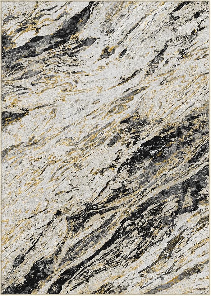 Area Rugs for Living Room: 6X9 Abstract Washable Rug Modern Neutral Large Soft Stain Resistant Non-Slip for Bedroom Dining Room Indoor Home Office Carpet - Black Gold