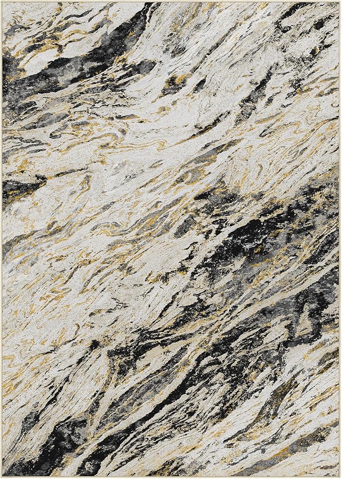 Area Rugs for Living Room: 10X14 Abstract Washable Rug Modern Neutral Large Soft Stain Resistant Non-Slip for Bedroom Dining Room Indoor Home Office Carpet - Black Gold