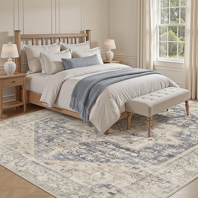 8x10 Area Rugs for Living Room - Large Carpet Ultra Thin Soft Washable Oriental Vintage Floral Distressed Big Indoor Carpets for Bedroom Nursery Dorm Home Decor Aesthetic - Blue Beige