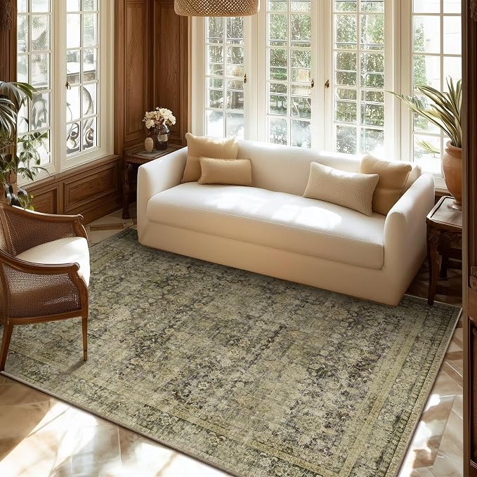 Washable 4x6 Rugs, Boho Vintage Non-Slip Distress Rugs, Dark Green | 0.3" Neutral Throw Rugs for Bedroom Kitchen Nursery Living Room, Cushioned Area Rug for High-traffic