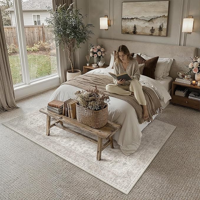 PureCozy 9x12 Area Rug Washable Neutral Beige Vintage Floral | Non Slip, Soft Low Pile, Indoor Carpet for Living Room, Bedroom, Dining Room, Farmhouse Decor
