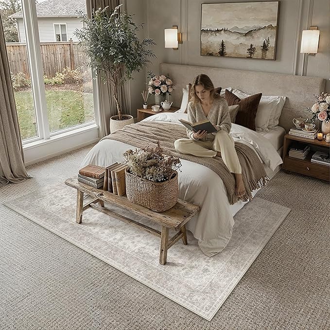 PureCozy 6x9 Area Rug Washable Neutral Beige Vintage Floral | Non Slip, Soft Low Pile, Indoor Carpet for Living Room, Bedroom, Dining Room, Farmhouse Decor